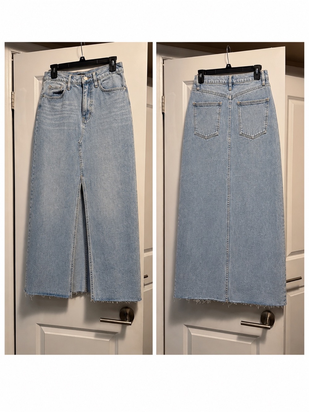 AQUA Light Blue Denim Maxi Skirt with Front Slit